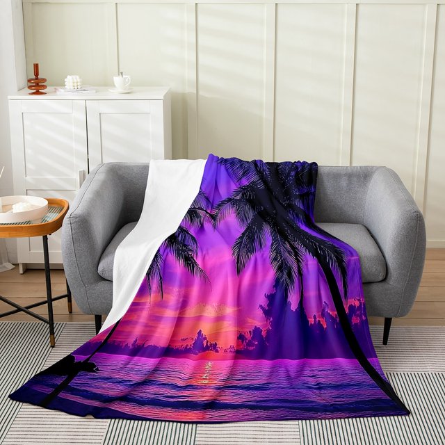 Erosebridal Palm Tree Flannel Blanket 40x50,Ocean Sunset Sherpa Throw,Botanical Decoration,Ultra Soft