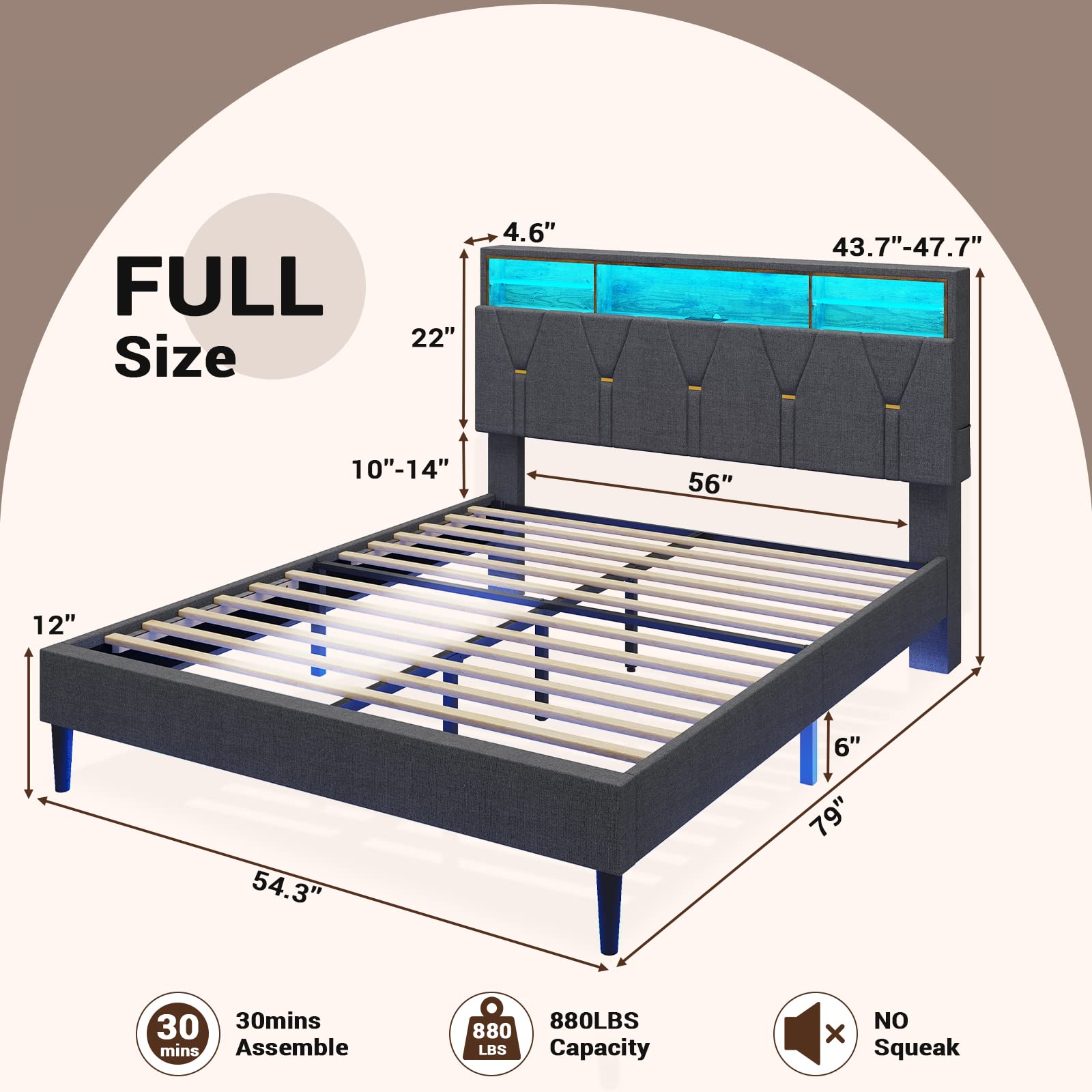 Full Size LED Bed Frame with USB Ports Charging Station Headboard ...