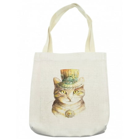 Cat Tote Bag  Pet Hat and Occult Eye Collar Grunge Celtic Trick Theme Print  Cloth Linen Reusable Bag for Shopping Books Beach and More  16.5  X 14   Cream  by Ambesonne