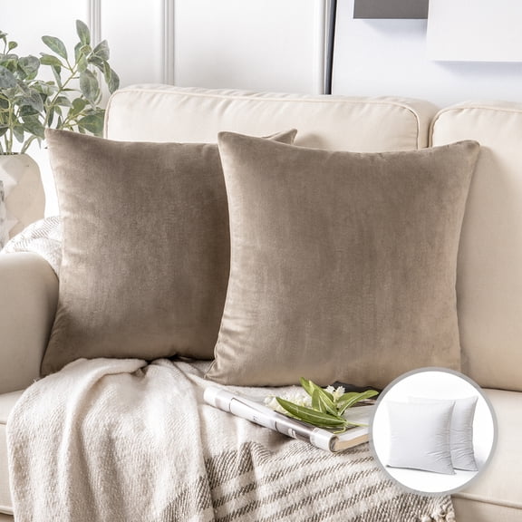 Phantoscope Soft Silky Velvet Series Square Decorative Throw Pillow Cusion for Couch, 20" x 20", Coffee, 2 Pack