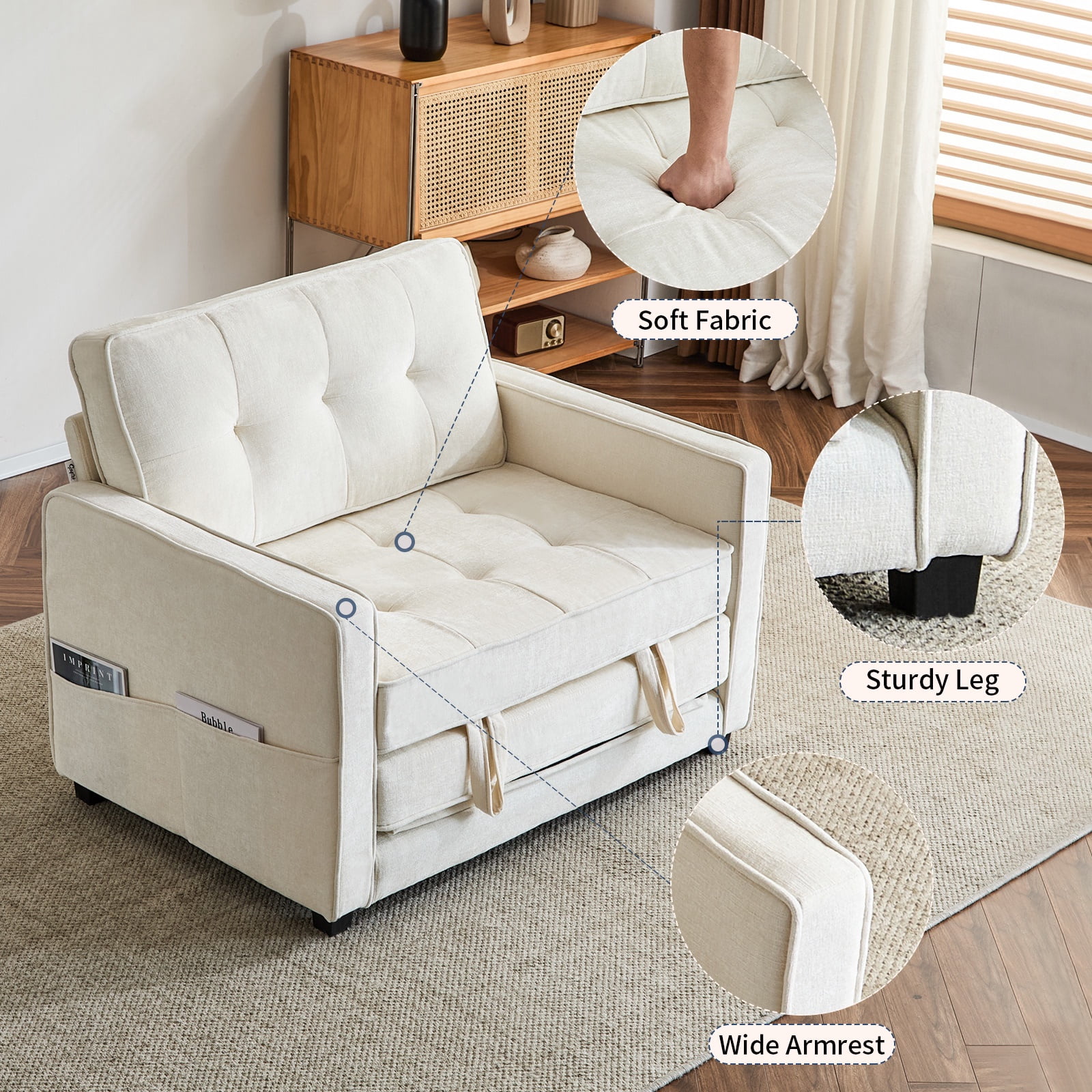 Capri 38.97”W Oversized Single Sofa Chair with Backrest, Multifunctional Sleeper Chair, Convertible Sofa Bed, Chenille Modern Accent Chair, Reading Armchair for Living Room Bedroom Study, White