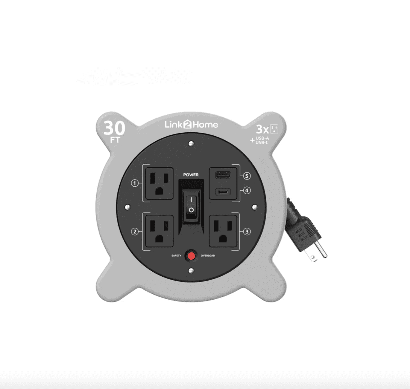 Link2Home 30ft Retractable Cord Reel with 3 Power Outlets and 2 USB A/C Ports, 16 AWG SJT Cable, On/Off Switch, 2.4A Fast Charging – Compact Extension Power Station