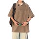 thumbnail image 1 of Camisa de manga corta bordada con cremallera para hombre Blusa informal simple con cuello vuelto para fiesta de citas Marrón L, 1 of 8