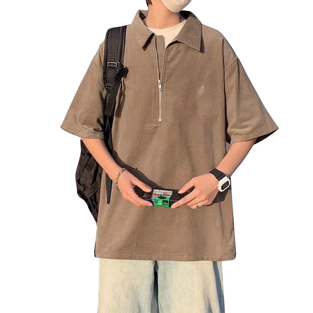 Camisa de manga corta bordada con cremallera para hombre Blusa informal simple con cuello vuelto para fiesta de citas Marrón L
