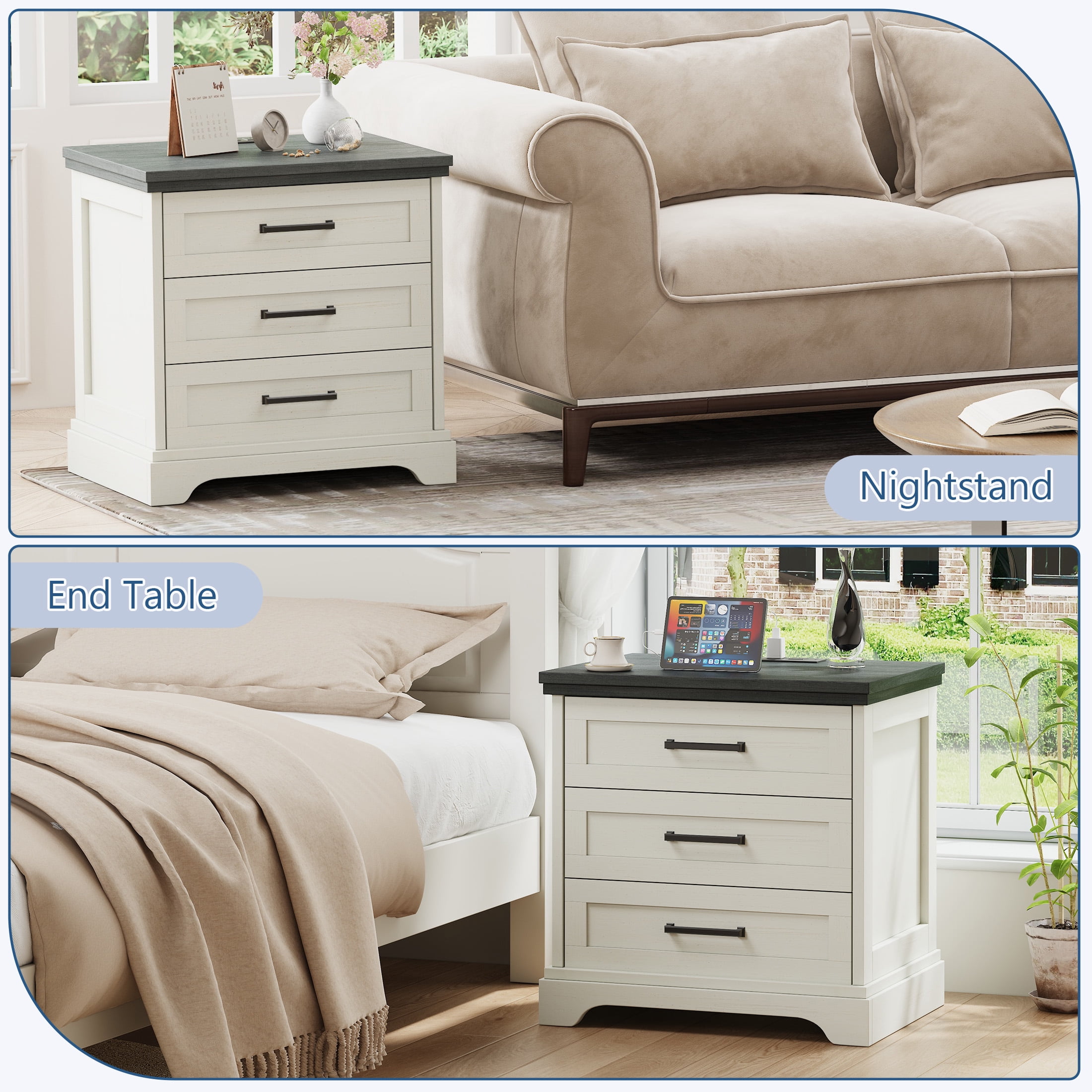 EDX 3 Drawers 24" Wood Nightstand with Drawers and Charging Station, Bedside Table for Bedroom or Living Room, White