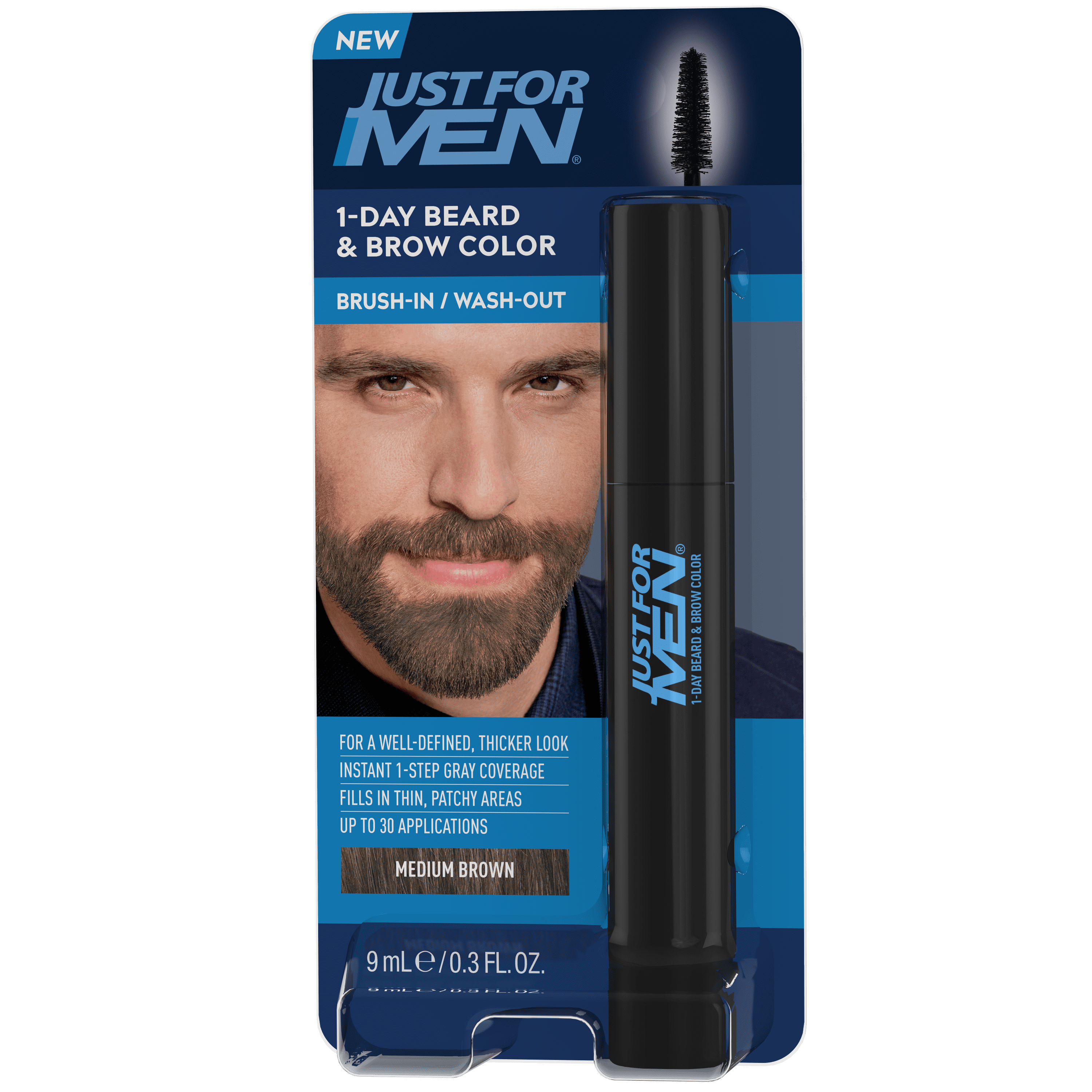 Just For Men 1-Day Beard & Brow Color, Temporary Dye for Beard and Eyebrows, Up to 30 Applications, Medium Brown