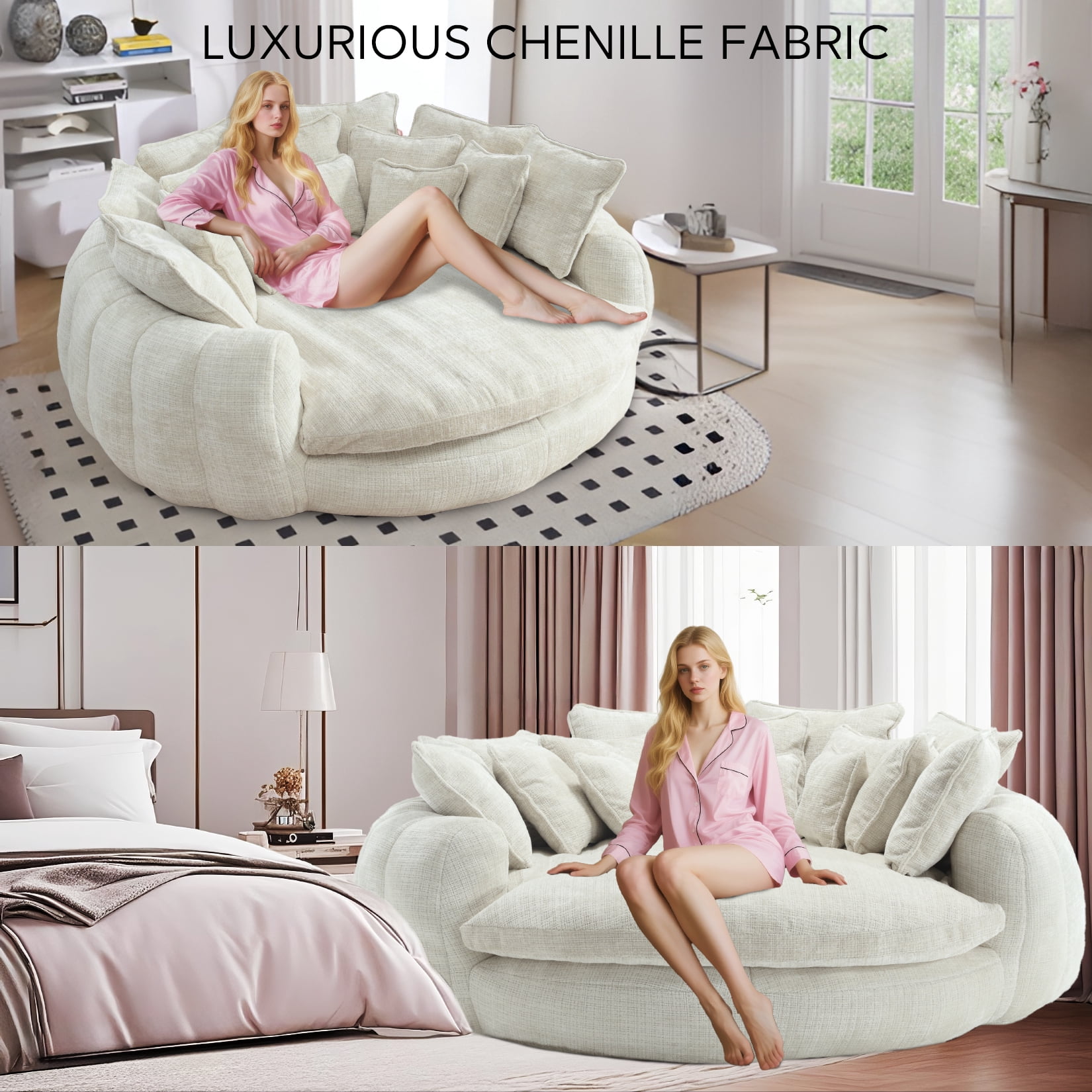 81'' Large Bean Bag Chair for Adults, Memory Foam Oversized Beanbag Chairs Couch with 14 Pillow, Comfy Giant Bean Bag Sofa Couch Bed, Chaise Lounge Chair Indoor Lazy Sofa for Living Room (Beige)