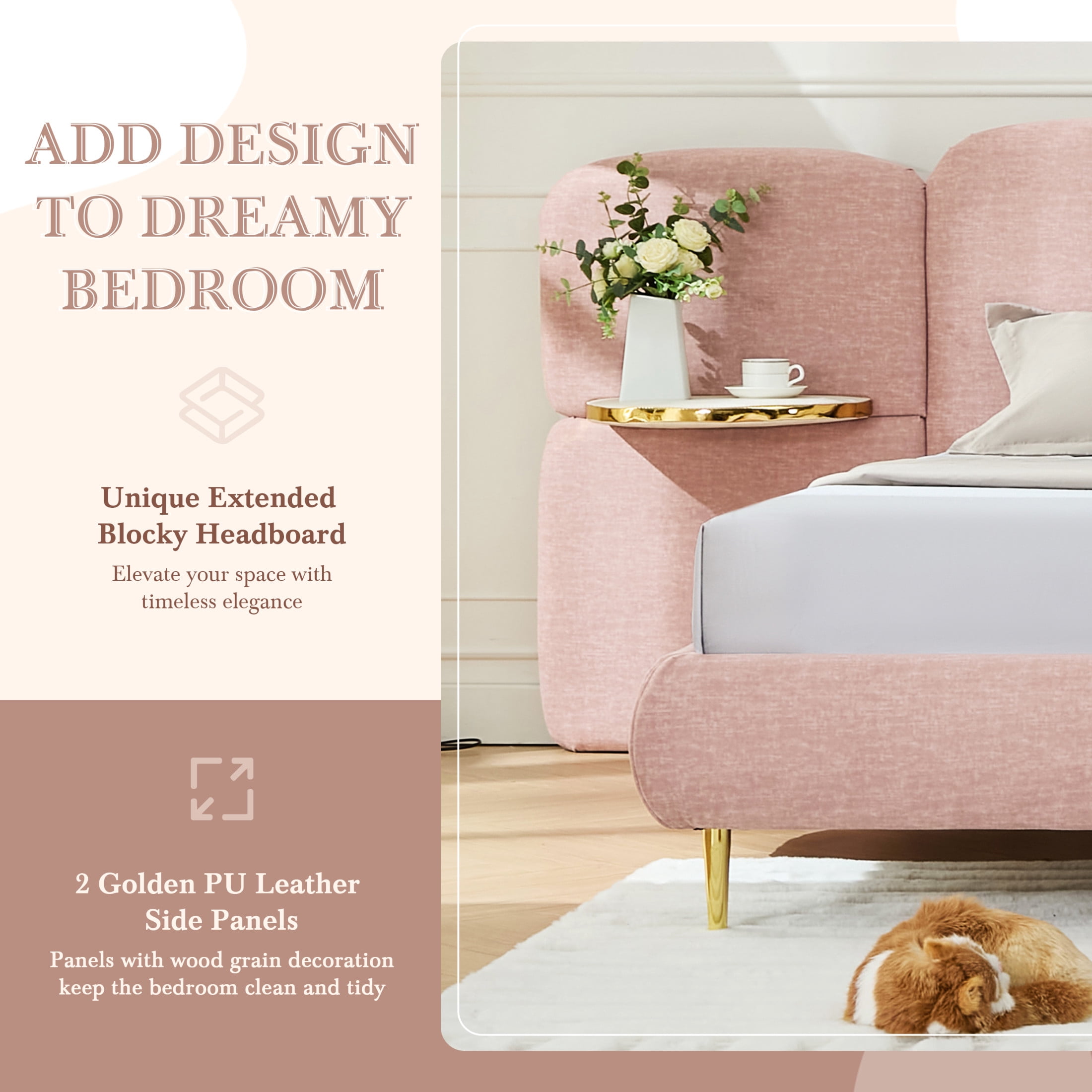 Christopher Knight Home King Size Upholstered Platform Bed Frame with Headboard and Nightstands, Pink