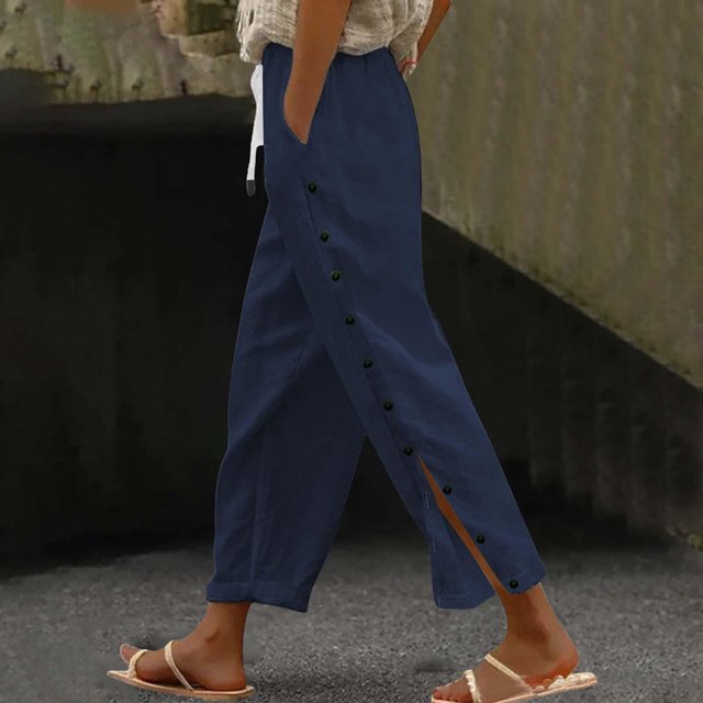 Soki Linen Pants Women Summer Casual Side Button Drawstring Pants Lightweight Boho Beach Pants Comfy Work Pants