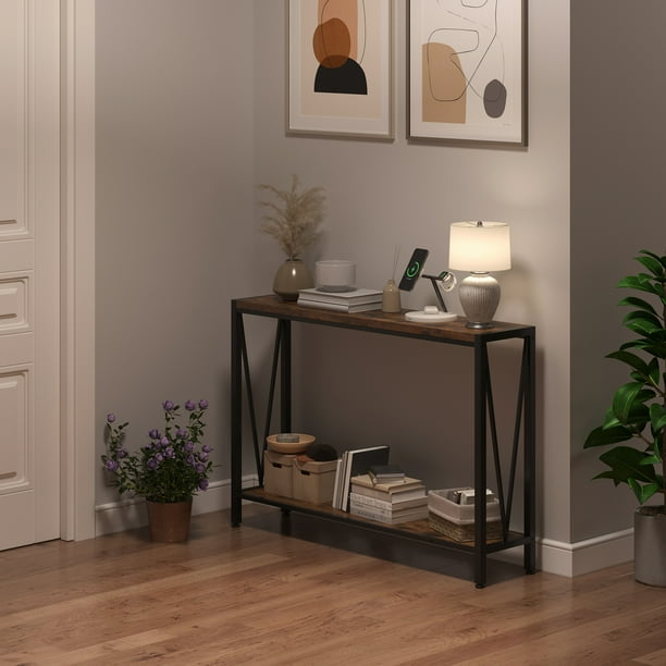 HOMCOM Table console étroite style industriel avec prises de courant et USB, pour salon entrée couloir, 160x20x80cm, marron | France