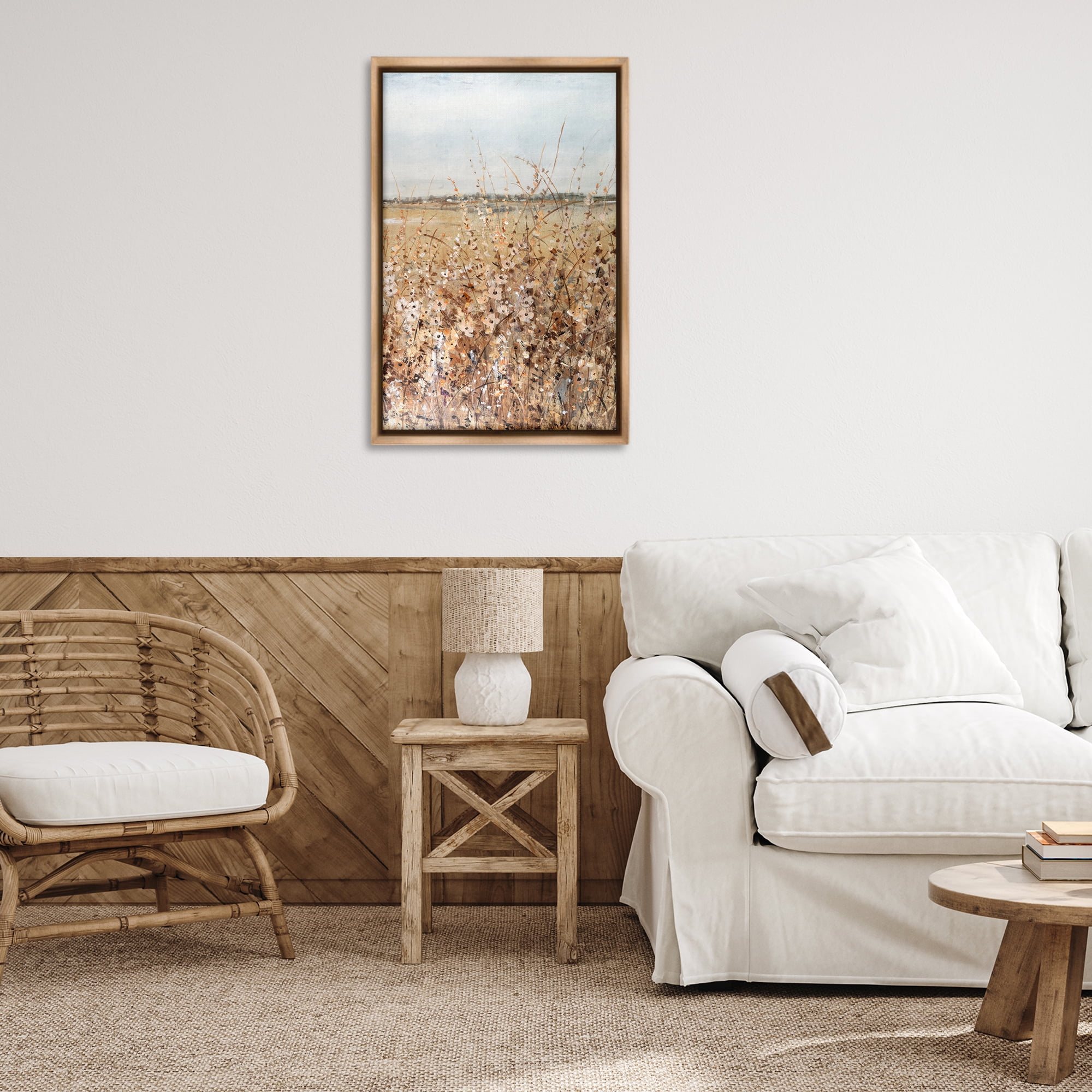 Stupell Industries View Through Meadow Flowers Landscape & Nature Painting Brown Floater Framed Canvas Art Print Wall Art, 21 x 31