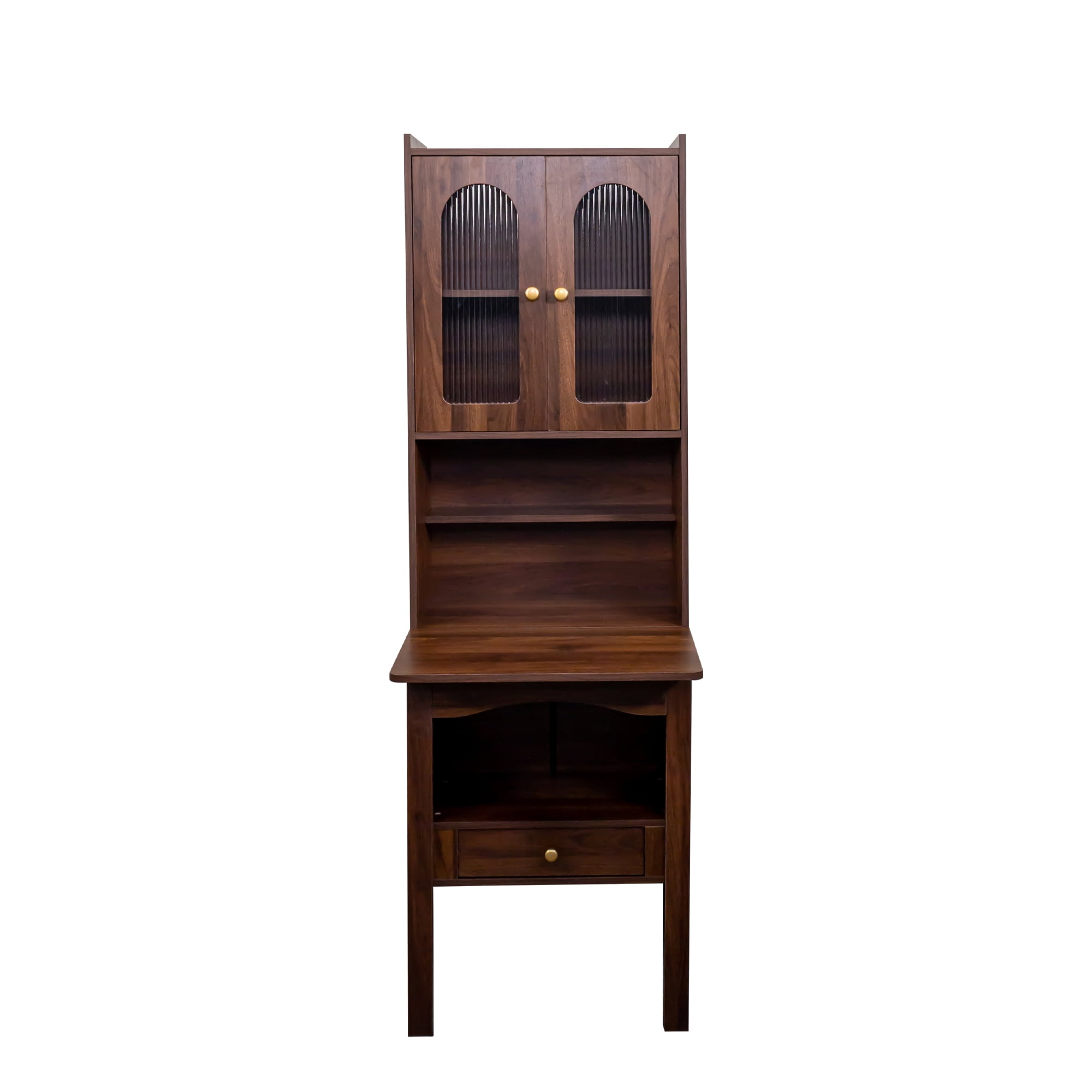 Mintazer Fold Out Convertible Desk with Bookshelf, Desk Cabinet with Drawer & Storage Shelves for Home Office, Walnut