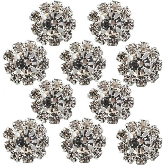 1 Box 10Pcs Rhinestone Shank Buttons Silver Alloy Crystal Flower Shape Button Round Decorative Metal Buttons for DIY Sewing Crafts Shawls Dress Clothing Bags Embellishments Wedding Decor