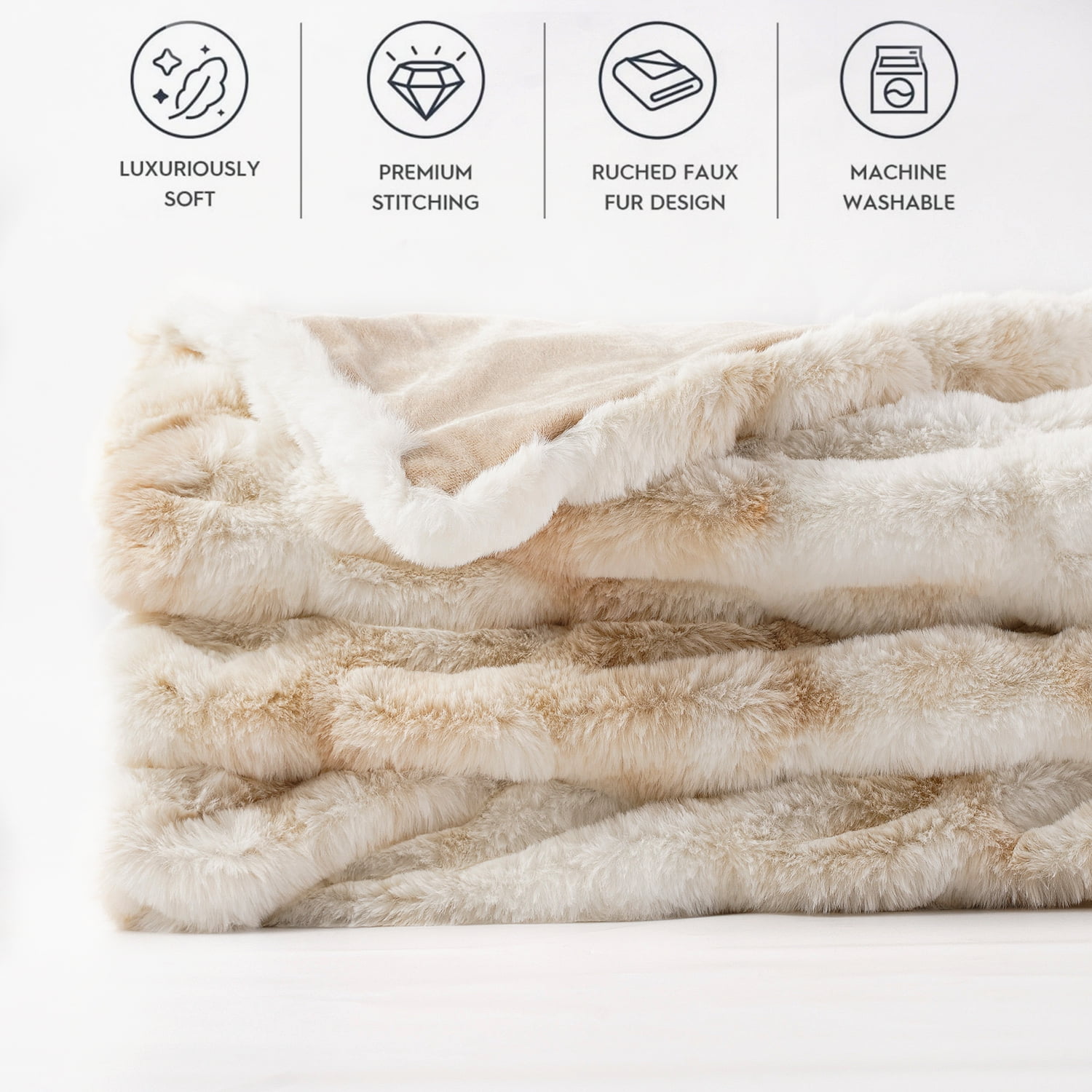 Battilo Ruched Faux Fur Throw Blanket,Beige Rabbit Faux Fur Blanket for Couch, Living Room,50"x60"