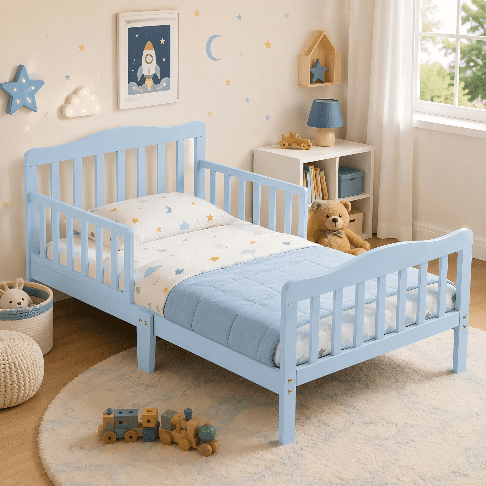 Zimtown Bed Frame, Wood Platform Bed, Classic Sleeping Bedroom Furniture w/Safety Rail Fence (Light Blue)