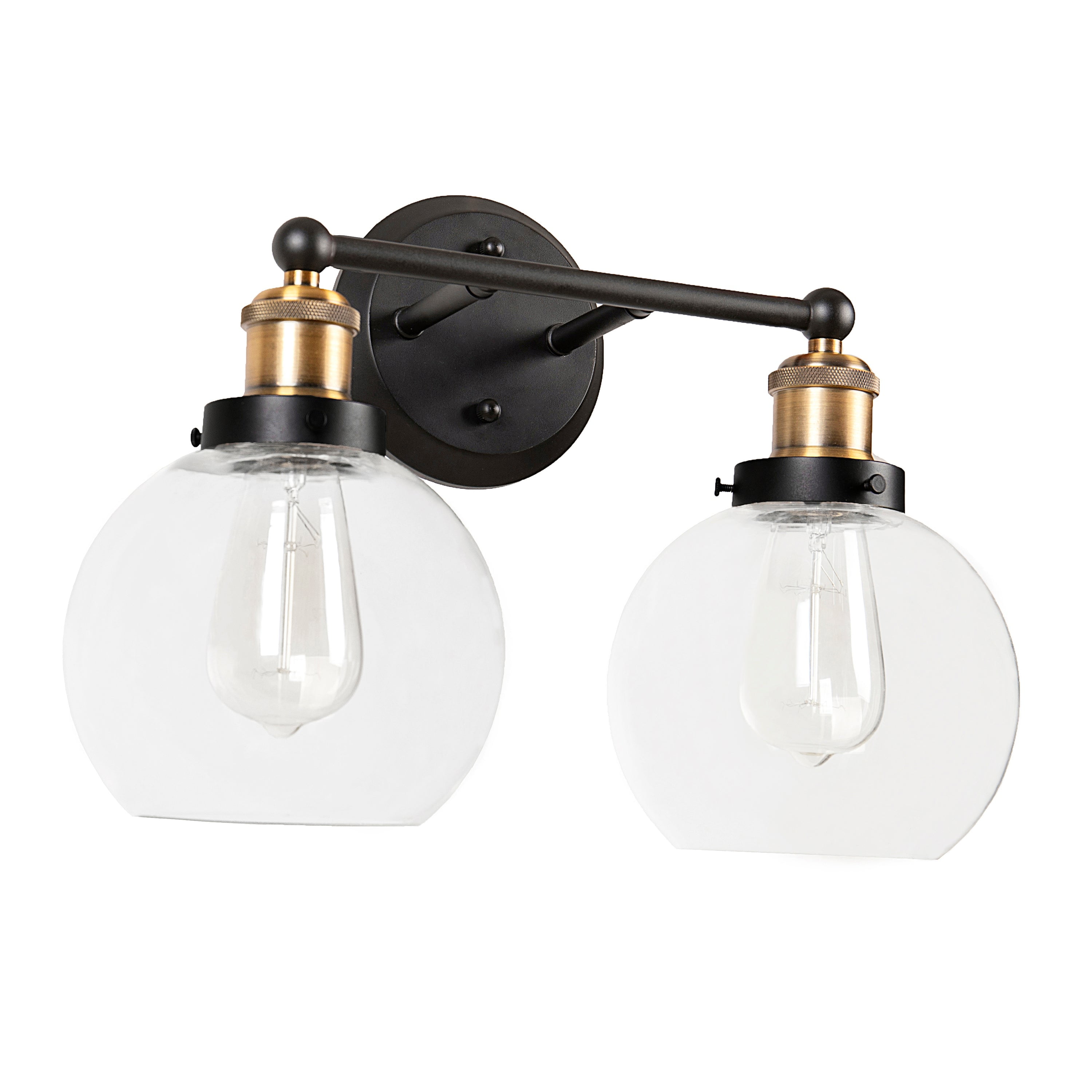 Aspen Creative 62267, Bathroom Vanity 2 Lights Fixture, 15-1/2" W x 11-3/4" H x 7-1/4" D, Antique Bronze/Warm Brass-2 Tone Finish/Clear Glass, Bulb Not Included