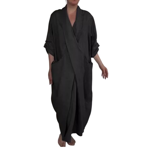 Quixlent Spring Fall Maxi Dress Robe Baggy Cross V Neck Solid Color Large Pocket Retro A-line Bohemian Maxi Dress Casual Party Travel Dress
