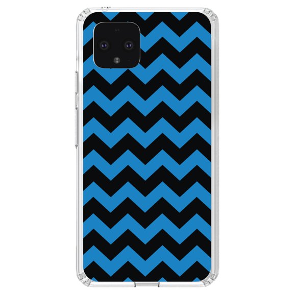 DistinctInk Clear Shockproof Hybrid Case for Google Pixel 4 (5.7" Screen) - TPU Bumper, Acrylic Back, Tempered Glass Screen Protector - Black Blue Chevron Stripes - Chevron Stripes Pattern