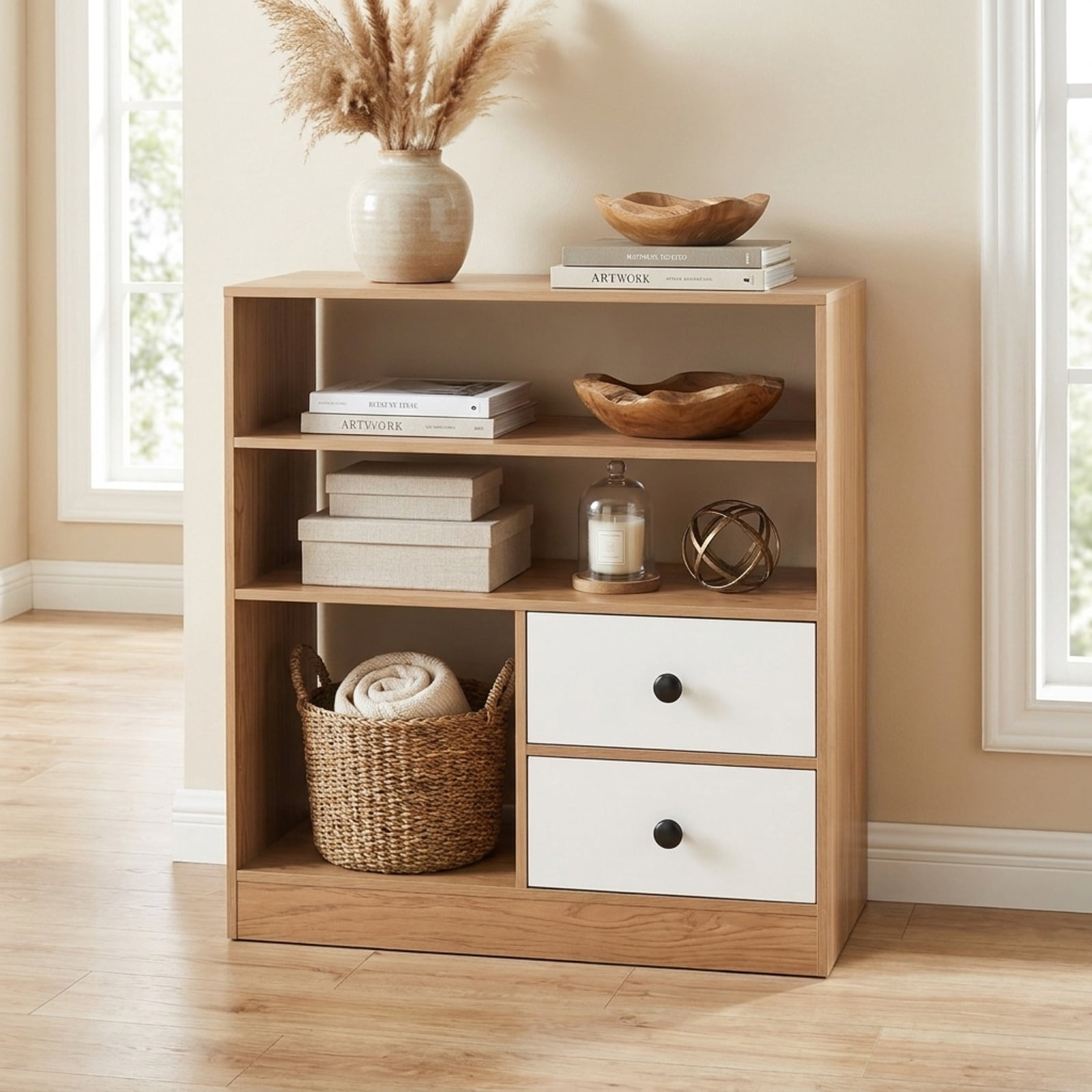 Furnibear Open Accent Cabinet with 2 Drawers 3 Compartments and Countertop Bookshelf Storage for Entryway Living Room and Bedroom, Natural