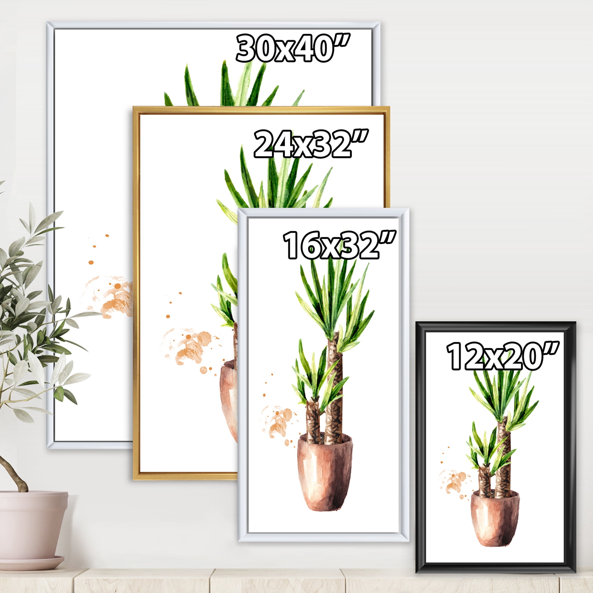 Designart 'Yucca Tree In The Ceramic Flower Pot On White' Traditional Framed Canvas Wall Art Print