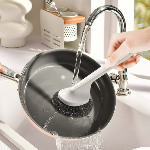 Stainless Steel Cleaning Brush with Replaceable Scourer, Ergonomic Handle Kitchen Pot Scrubber for Non-Stick Cookware, Dishwashing Tool