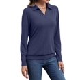 thumbnail image 3 of Womens T-Shirts Long Sleeve Banded Bottom Tops Business Casual Tops Collared V Neck Blouses Navy Blue L, 3 of 7