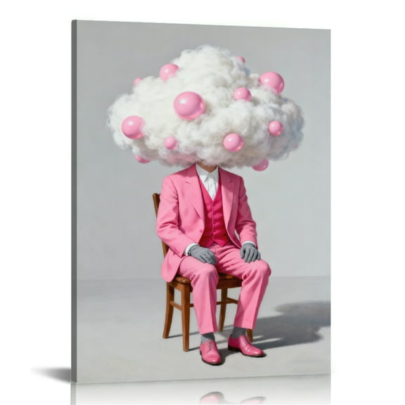 Creative Pink Suit Cloud Head Bubble Art Printed Canvas Wall Art (Hidden Wooden Frame) - Light Luxury Personality Decor for Living Room & Foyer