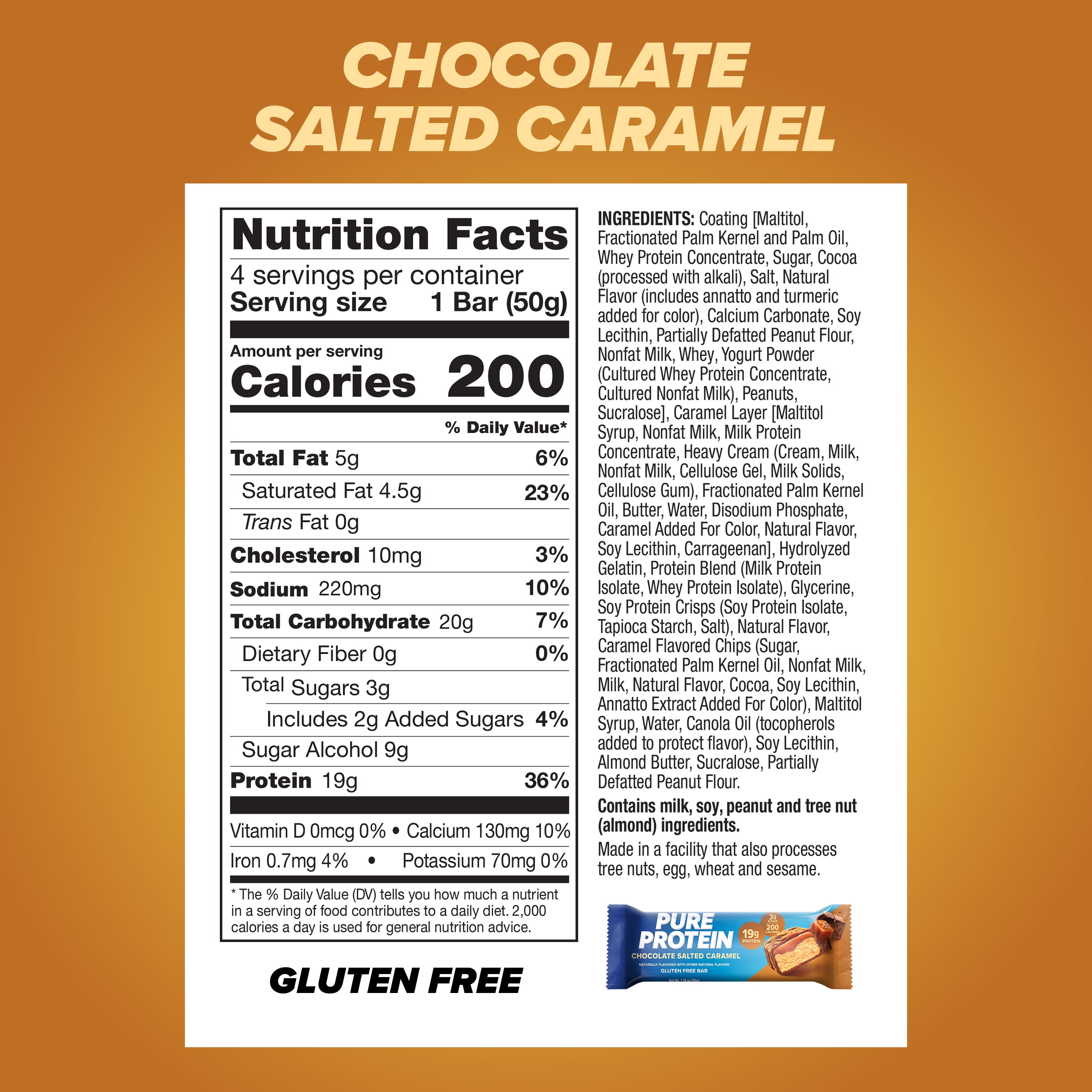 (3 pack) Pure Protein Chocolate Salted Caramel Bar, 20g Protein, Low Sugar, Gluten Free, 1.76 oz, 4 Count