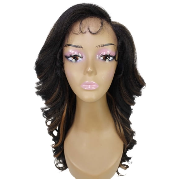 LUXLUXE Nia Wavy Glamour 20 in Long T Part Lace Front Wig, Heat Resistant Fibers, Dip Dyed, & Blended Brown with Golden Highlights Colors