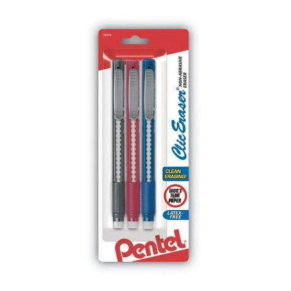 Pentel Clic Eraser Grip Eraser, For Pencil Marks, White Eraser, Randomly Assorted Barrel Color, 3/Pack, Each