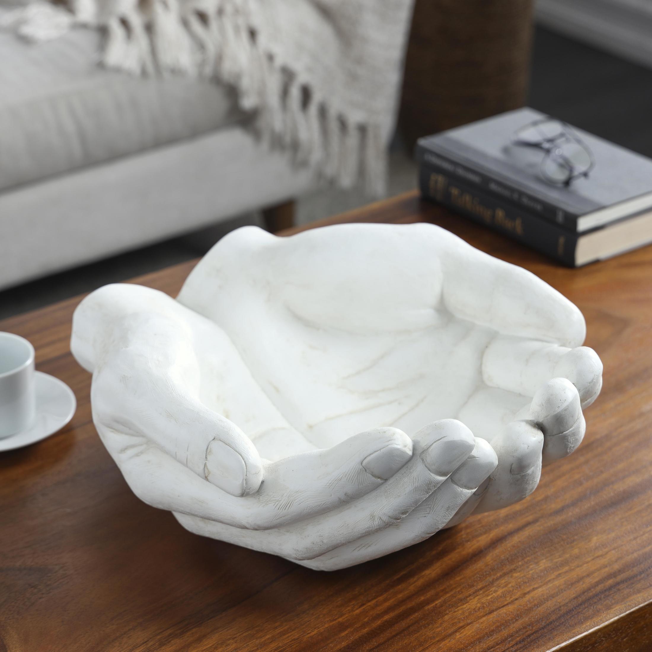 15" x 7" White Polystone Open Hands Sculpture, by DecMode