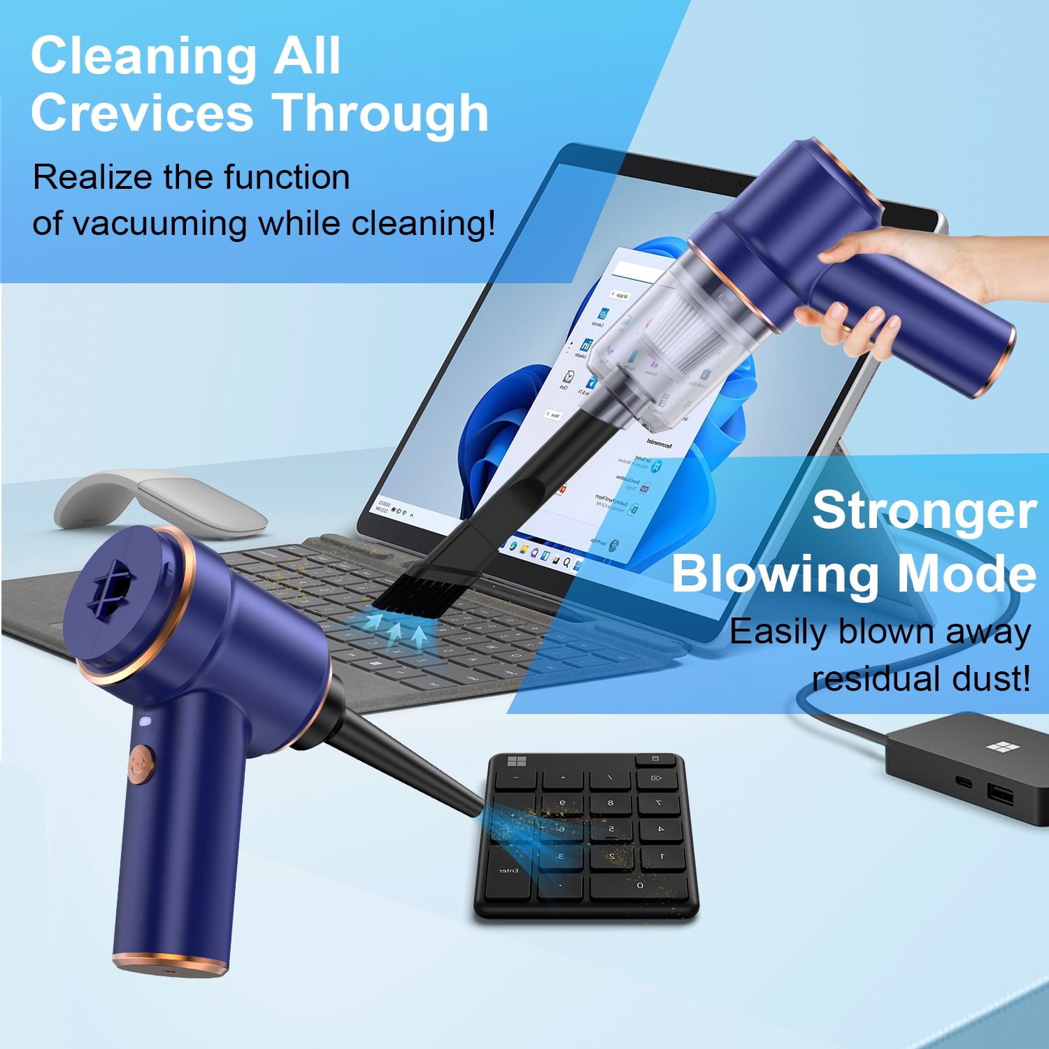 Compressed Air Duster Cordless Handheld Vacuum with Charging Base,AILKIN LED Light Air Blower Electric Compressed Air Duster Cleaner for Computer Keyboard Cleaning,Car,Electronics,Hair,Office