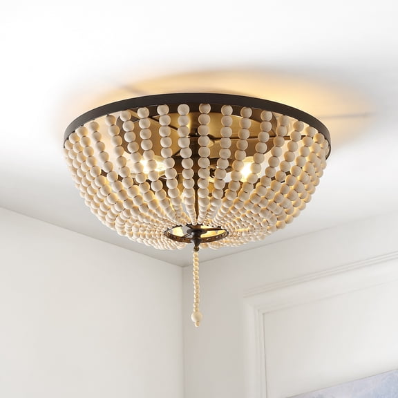 JONATHAN Y Allison 15" 3-Light Shabby Chic Farmhouse Wood Beaded/Metal LED Flush Mount, Oil Rubbed Bronze/Cream, JYL9019B