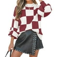 thumbnail image 3 of Women's Fall Fashion Roll-Neck Long Sleeve Plaid Ribbed Knit Loose Pullover Sweater Tops Burgundy Checkered XXXL, 3 of 9