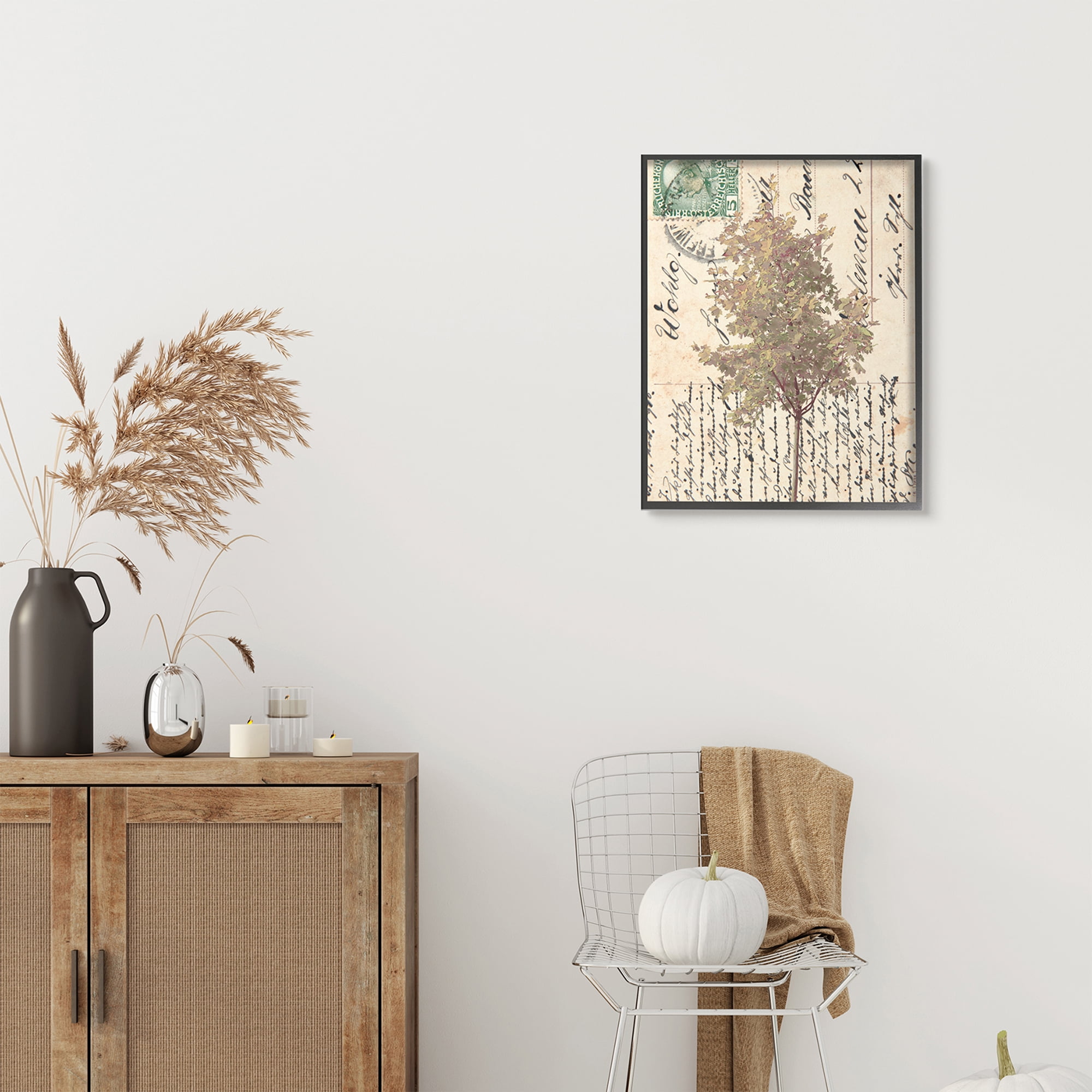 Stupell Industries Country Vintage Postal Card Autumn Tree Abstract Painting Black Framed Art Print Wall Art, 24 x 30