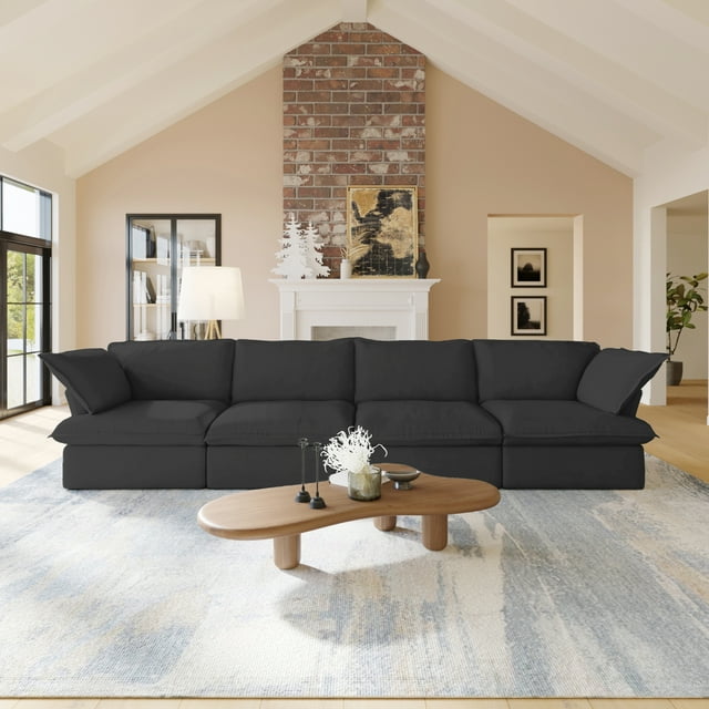 Sodrens Canapé Sectionnel Modulaire, Canapé Moderne en Tissu de Lin à Combinaison Libre, Canapé 4 Places pour Salon, Noir