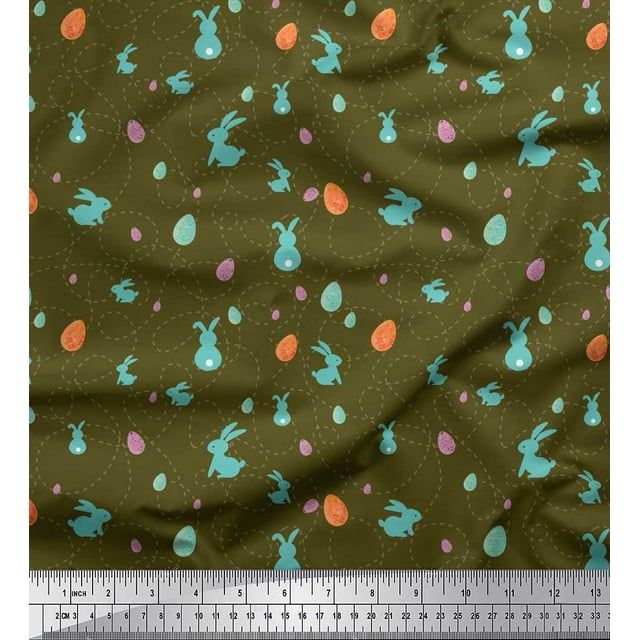 Soimoi Polyester Crepe Fabric Egg & Rabbit Animal Printed Craft Fabric by The Yard 42 Inch Wide