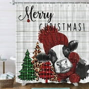 Farmhouse Merry Christmas Shower Curtain, Buffalo Check Plaid Xmas Tree Funny Farm Animal Cow Holiday Theme Bathroom Accessory Set, Rustic Wood Pattern Fabric Bath Decor, Hooks Inccluded