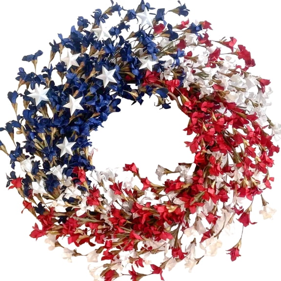 Idyllic 18" 4th of July Wreath for Front Door, Red White Blue Flowers with Stars