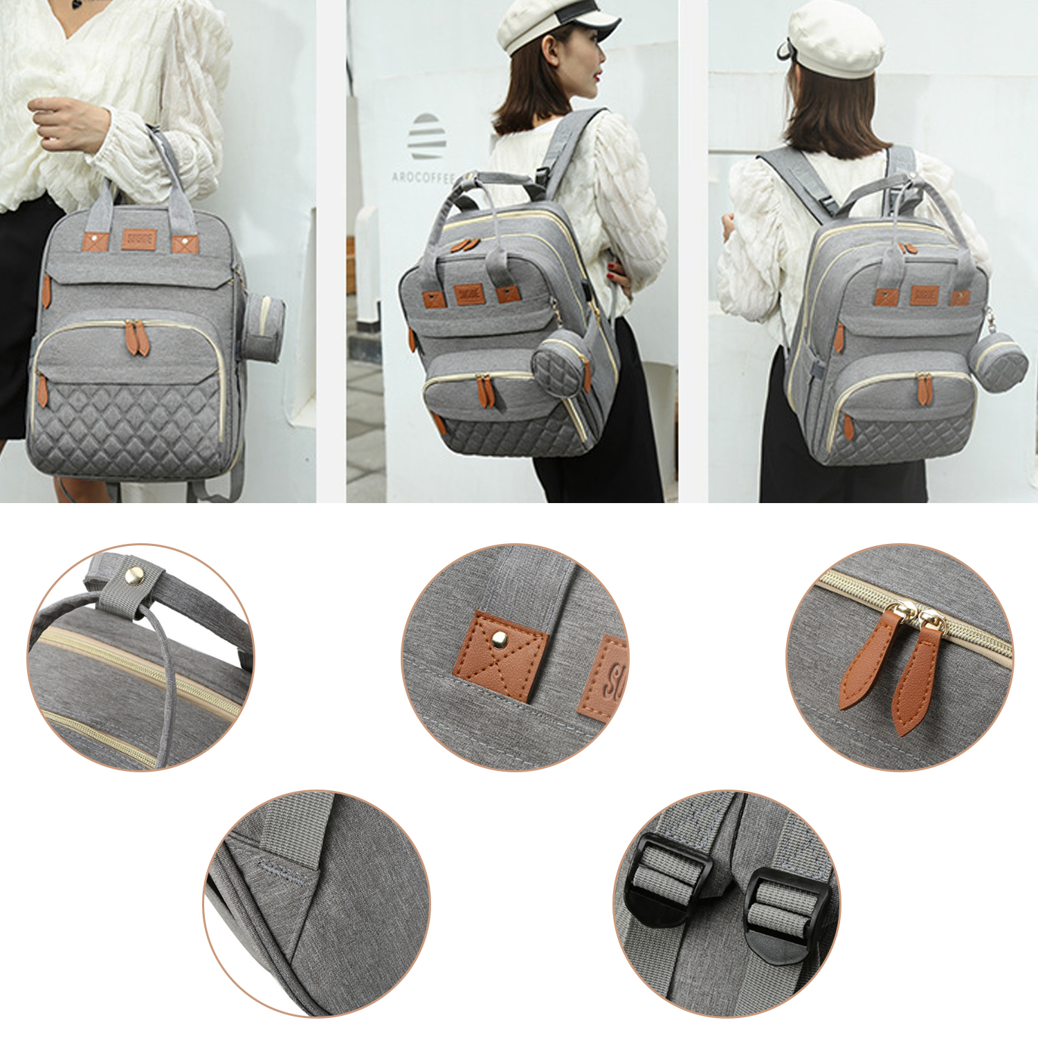 Diaper Bag Backpack – Large Capacity Baby Diaper Bag with Changing Pad, Waterproof Travel Backpack for Boys & Girls, Multi-Function Baby Bag with USB Charging Port, Grey