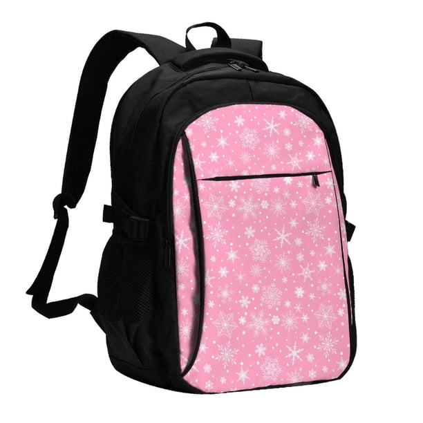 Balery Snowflake pink backgrounds Mochila con carga USB para hombre y mujer - Mochila impermeable y antirrobo para portátil con puerto USB para viajes, trabajo, estudios y universidad