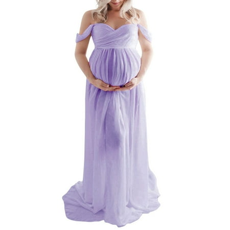 

Women s Maternity Dresses for Photography Off Shoulder Short Sleeve Mesh Sheer Chiffon Long Maxi Gown Split Pregnancy Photo Props