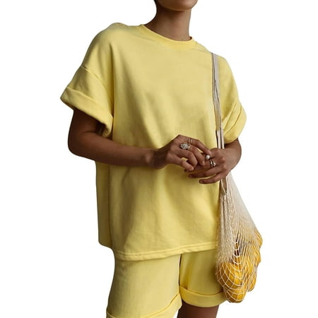 

Grianlook Ladies 2 Piece Outfits Wide Leg Sleepwear Crew Neck With Pockets Loungwear Joggers Elastic Waist Pajamas