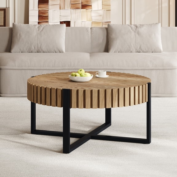 Christopher Knight Home 31" Round Coffee Table with Gear Design, Cross Metal Base, Black Natural