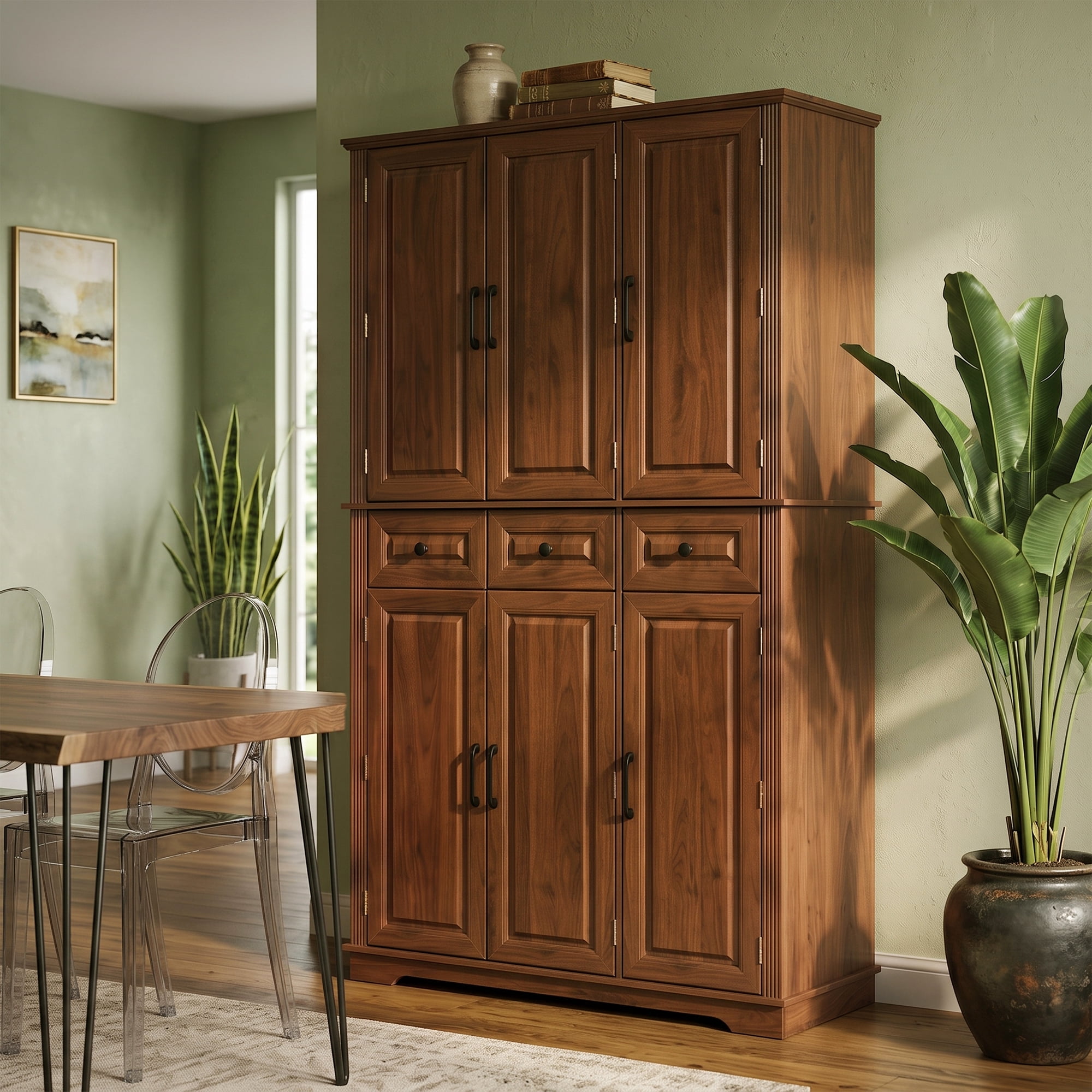 Euroco 72" Tall Kitchen Pantry Cabinet, Farmhouse Embossed Texture Cupboard Buffet with 3 Pull Out Tray, 6 Door Racks and 3 Drawers, Freestanding Storage Cabinet for Dining Room,Walnut Brown