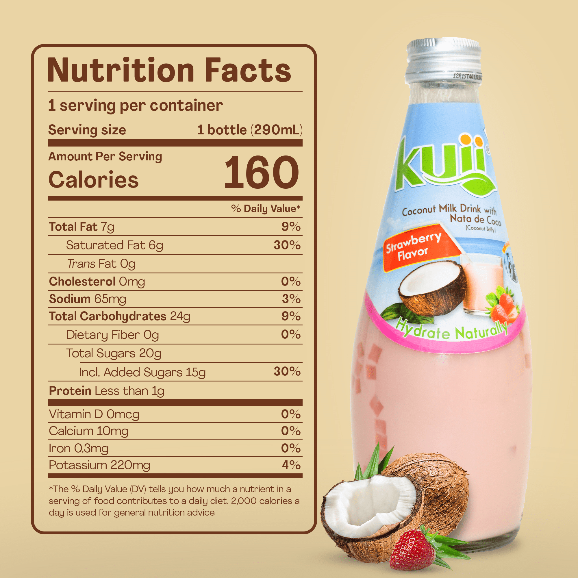 (12 pack) Kuii Drinks Coconut Milk with Nata de Coco, Strawberry, 290 mL Single Glass Bottle