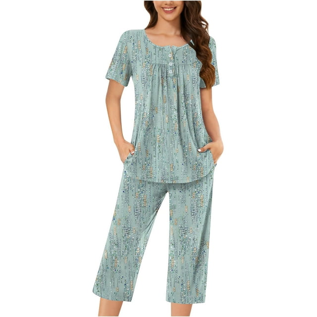 Birdeem Ensembles de Pyjama pour Femmes 2 Pcs Boutons Décontractés Col Rond Manches Courtes Blouse Mode Poches Pantalon Ensemble de Pyjama
