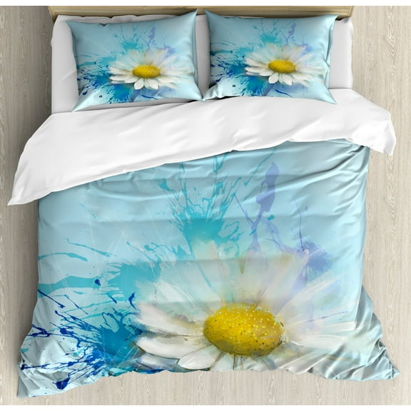 Flower Duvet Cover Set, Oil Painting Chamomile Pattern with Splash on Background Image Pastoral Expression, Decorative 3 Piece Bedding Set with 2 Pillow Shams, King Size, White Blue, by Ambesonne