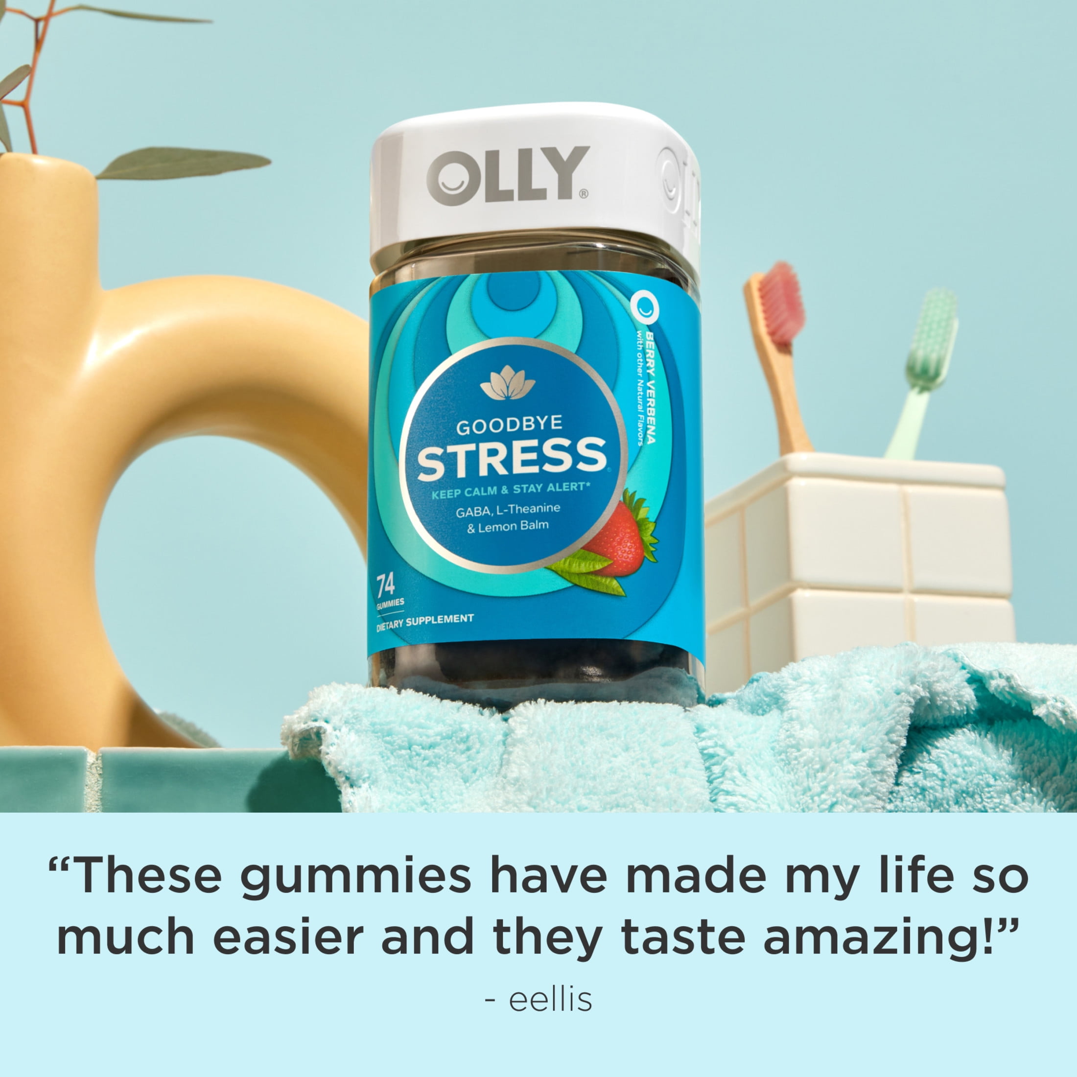 (3 pack) OLLY Goodbye Stress Gummy, Stress Support, GABA, L-Theanine, Berry Flavored, 74 Count
