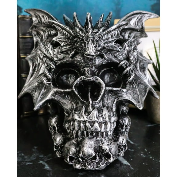 Large Dragon On Ossuary Morphing Skull with Celtic Tribal Patterns Figurine